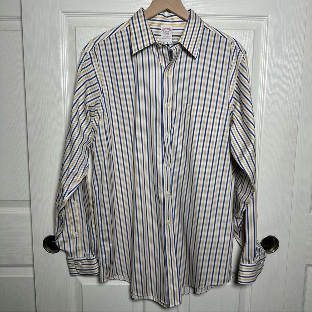 Brooks Brothers Traditional Fit Button Down No-Iron Shirt 16-4/5 Yellow Striped